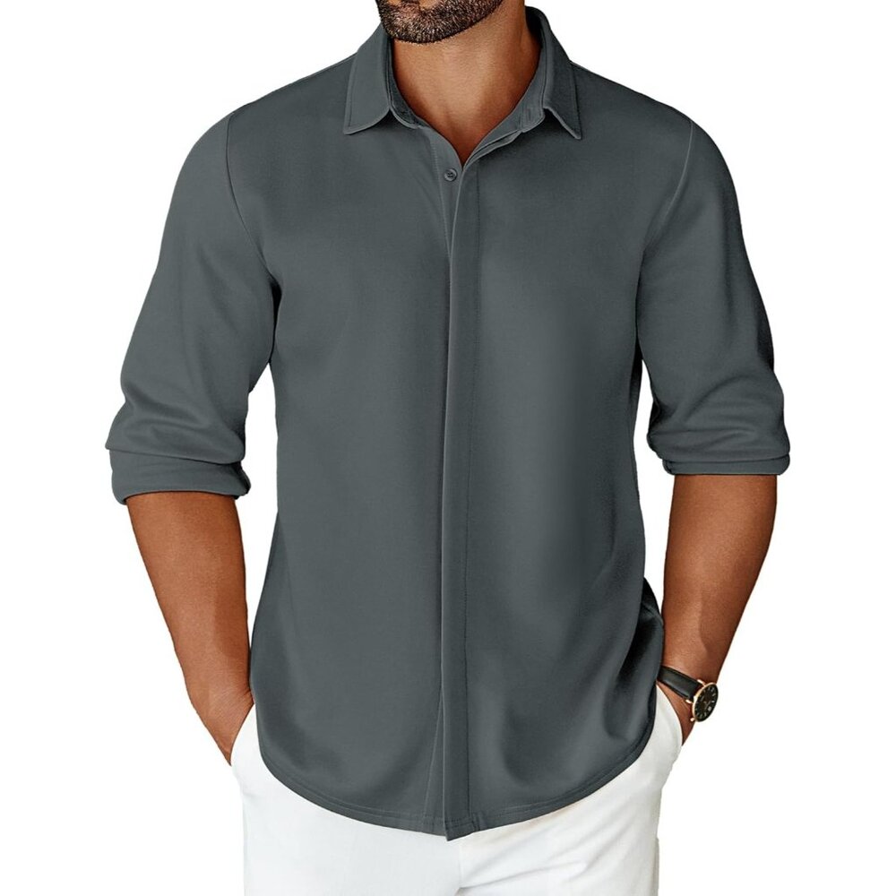 Mens Grey Long Sleeve Wrinkle Free Shirt Casual Button Down Shirt Dress